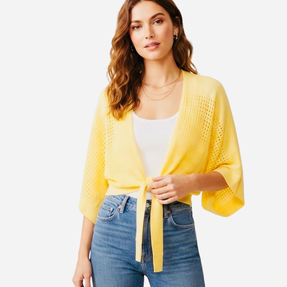 Joseph A Pale Banana Open Knit Tie Front Cropped Cardigan-Balero Large NWT